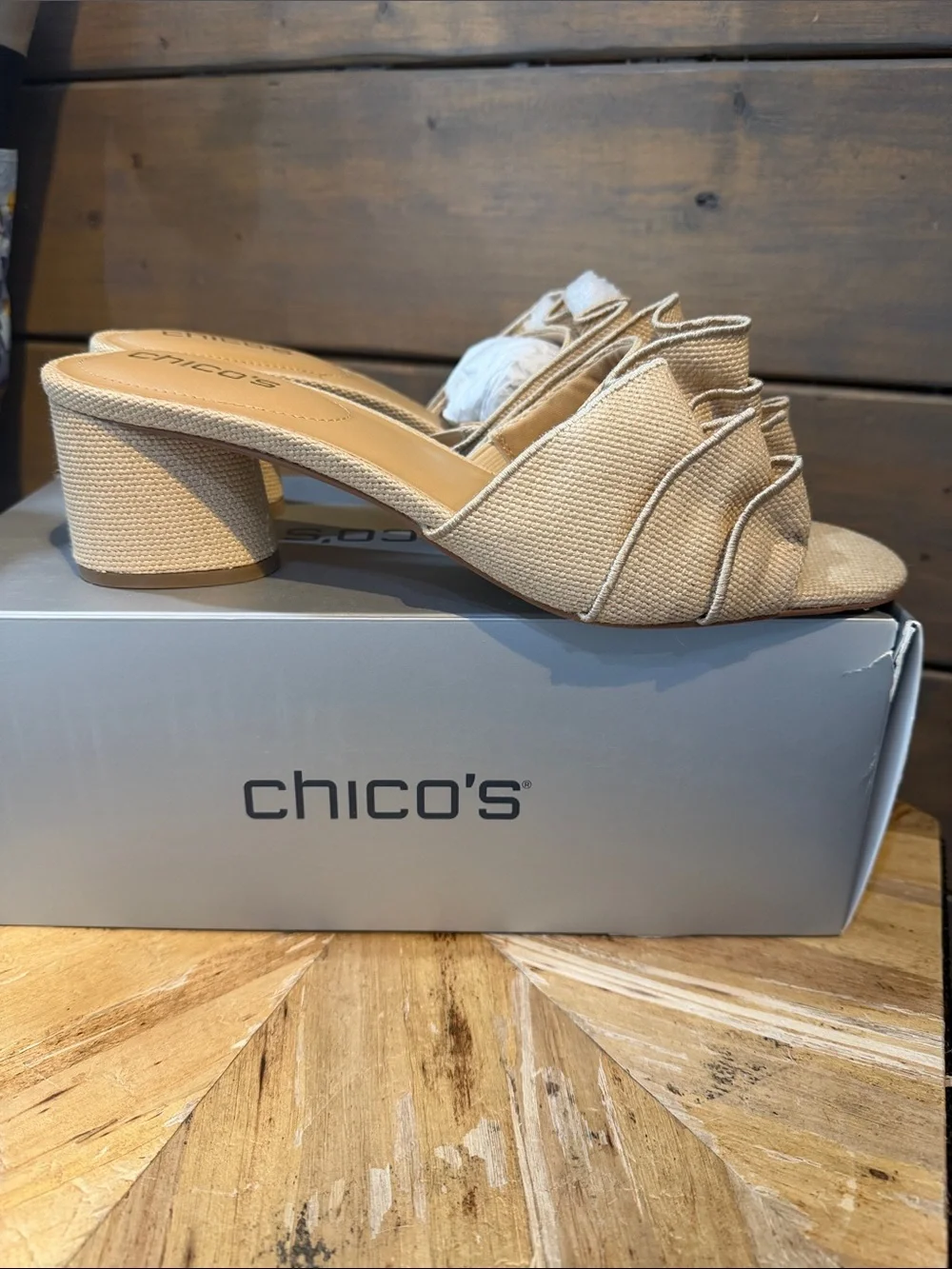 Chico's Beige Ruffle Slide Mules